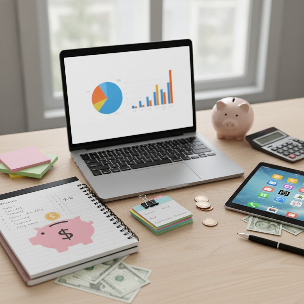 A desk with a laptop displaying financial charts, a tablet, a notebook with a piggy bank drawing, a piggy bank, a calculator, coins, and paper money.