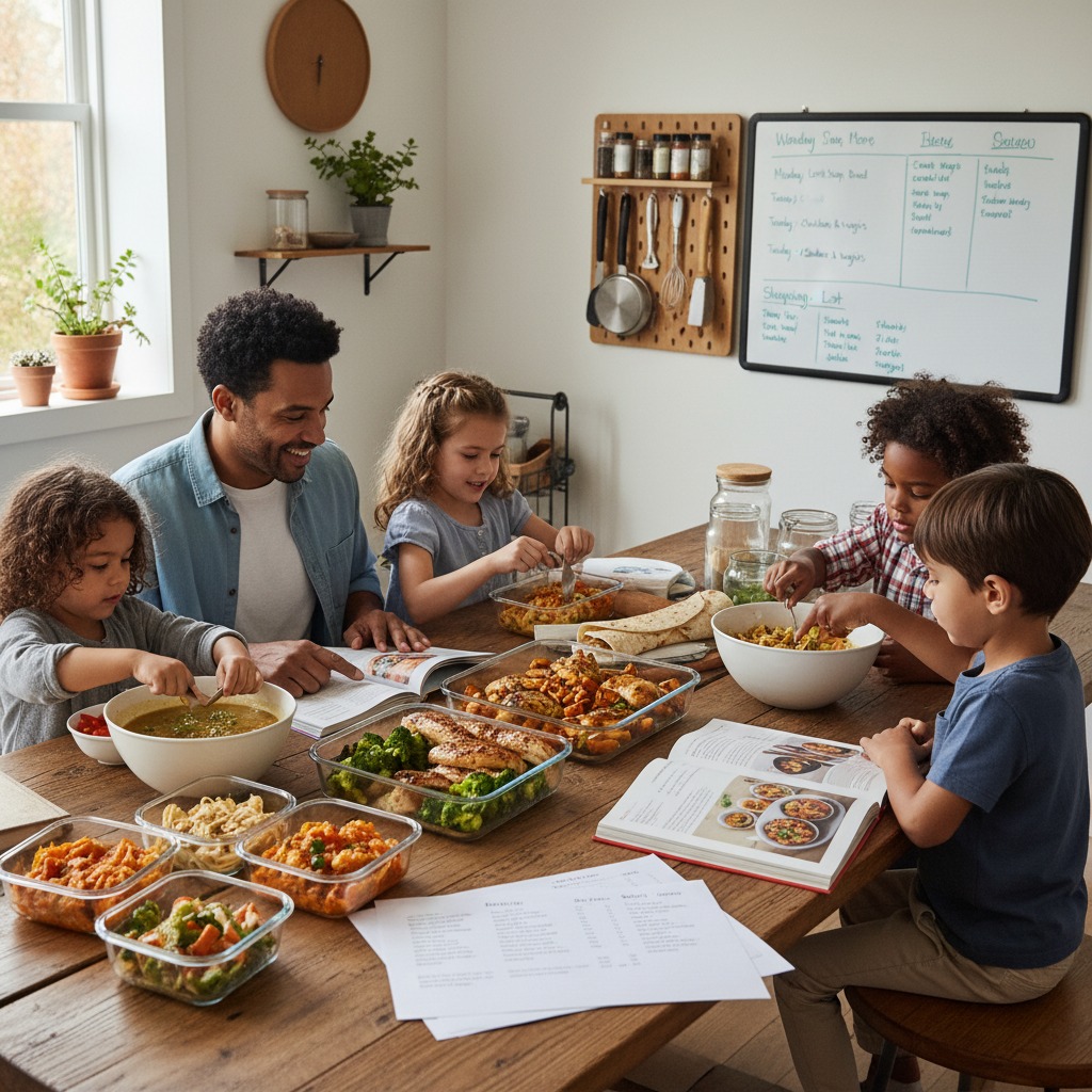 A diverse family sits together around a large wooden dining table, enjoying a meal filled with bowls of food and cookbooks.