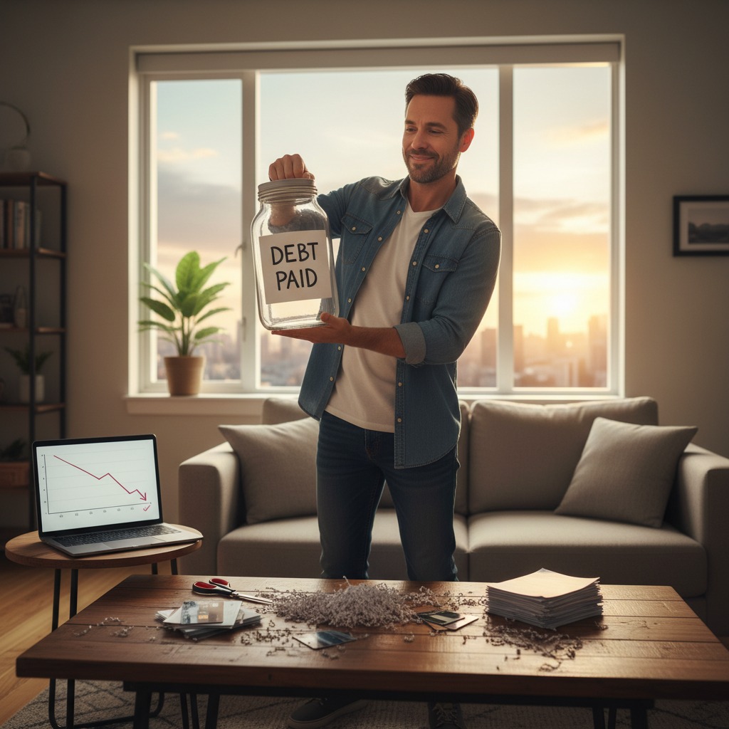 A smiling man in a denim shirt holds a large glass jar labeled "Debt Paid" in a living room, while a coffee table with shredded papers sits in the foreground.