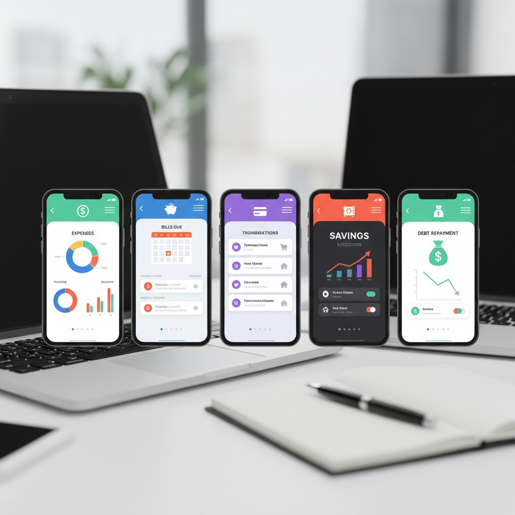 Five smartphones displaying various financial budgeting and tracking app screens stand upright on a desk between two open laptops.