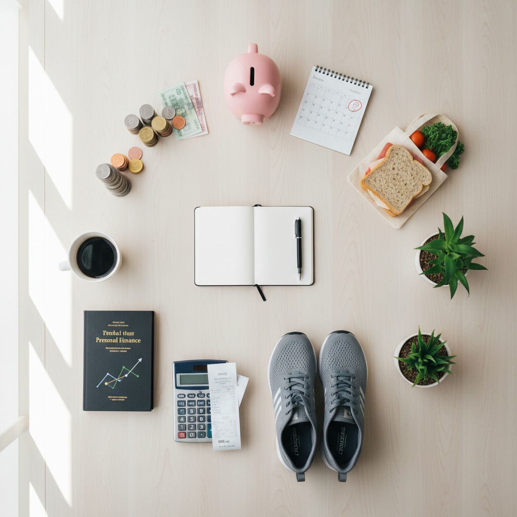 An overhead view of a light wooden table arranged with financial and daily life items in a circular pattern, including a pink piggy bank, stacks of coins, paper money, a calculator, a notebook with a pen, a calendar, a book on personal finance, a cup of coffee, a sandwich, and a pair of running shoes.