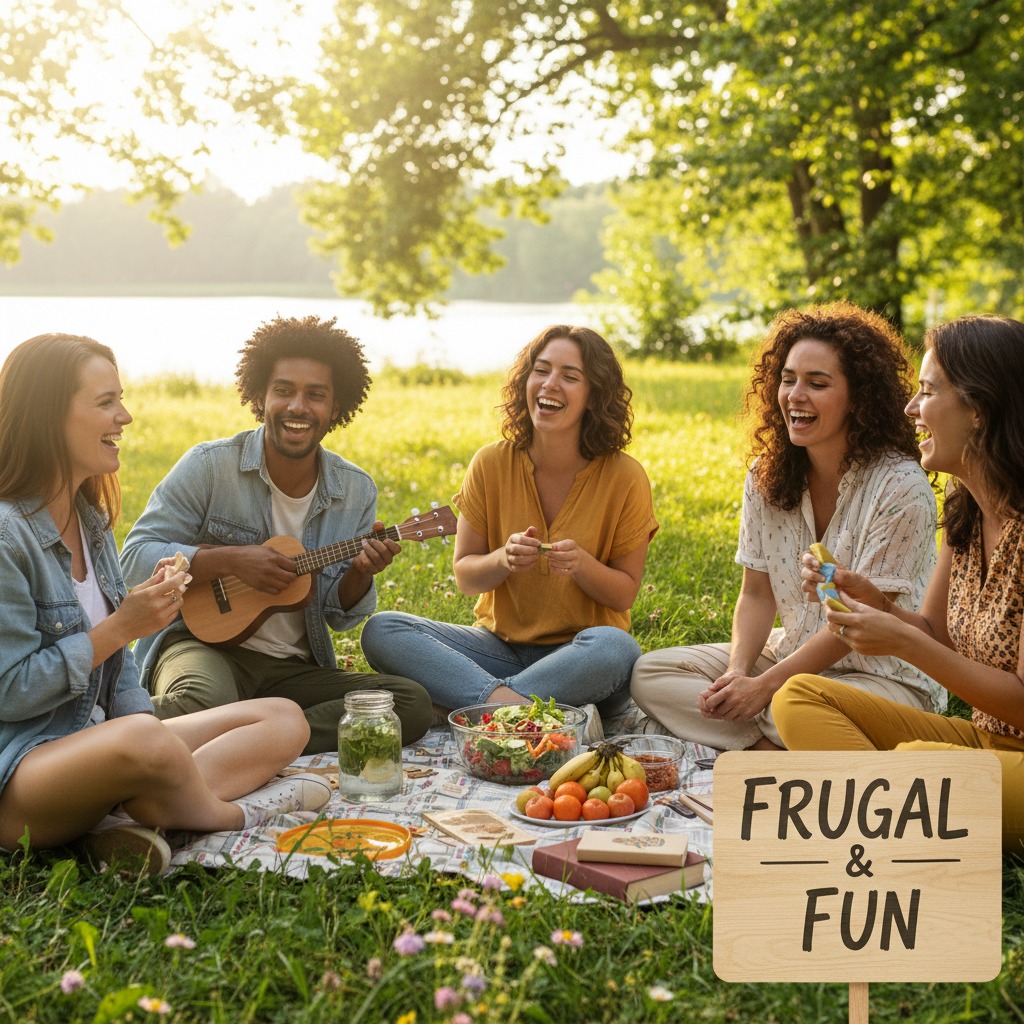 A diverse group of five friends laughs and eats together on a picnic blanket by a lake while one plays the ukulele.